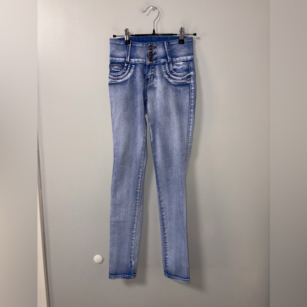 Tush Push Booty Rise Stretch Jeans Light Wash Distressed Pockets Jrs 1 Bling Y2K